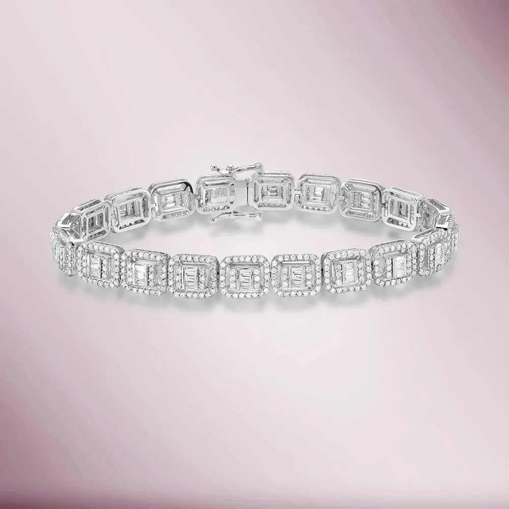 Round & Baguette Diamonds Halo Rectangular Shape Link Bracelet (3.70 ct.) in 14K Gold