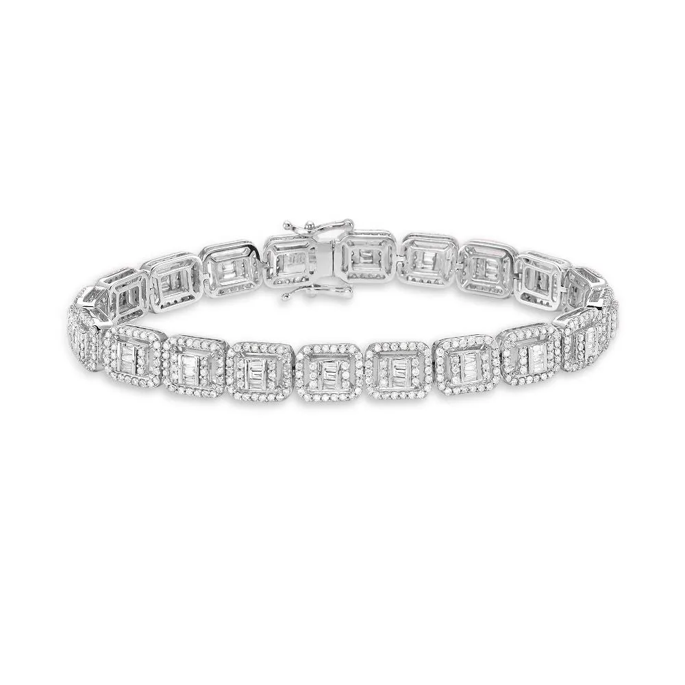 Round & Baguette Diamonds Halo Rectangular Shape Link Bracelet (3.70 ct.) in 14K Gold