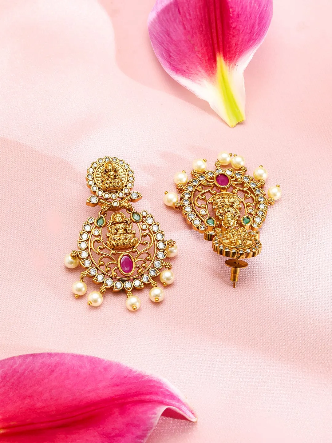 Rubans 22K Gold-Plated Ruby Emerald & CZ Divine Lakshmi Motif Temple Chandbalis