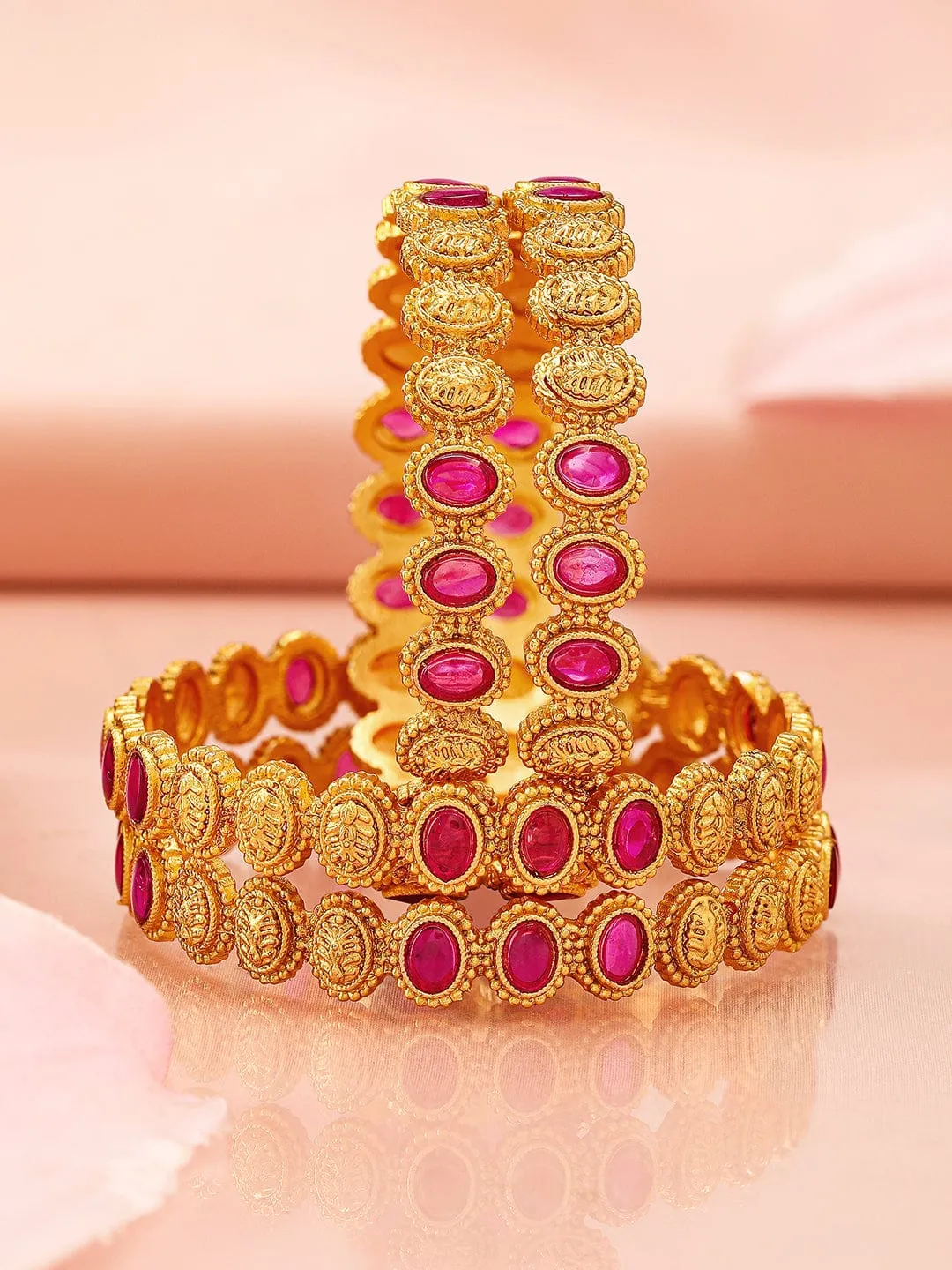 Rubans Set of 4, 22K Gold-Plated Ruby Pink Stone & Filigree Design Traditional Bangles