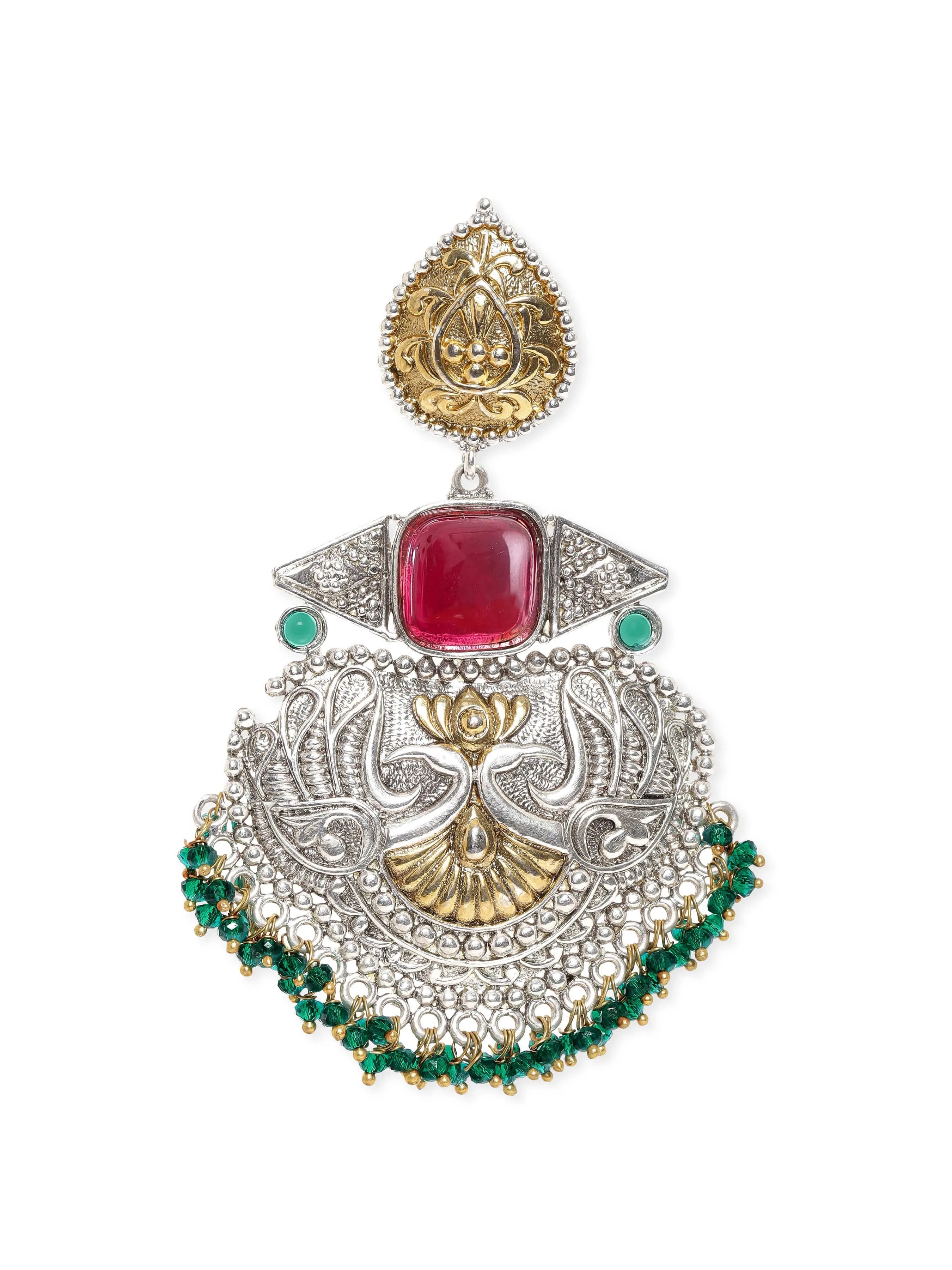 Rubans Silver Oxidized & Gold Plated Ruby Studded Green Beaded Chandbali Earrings