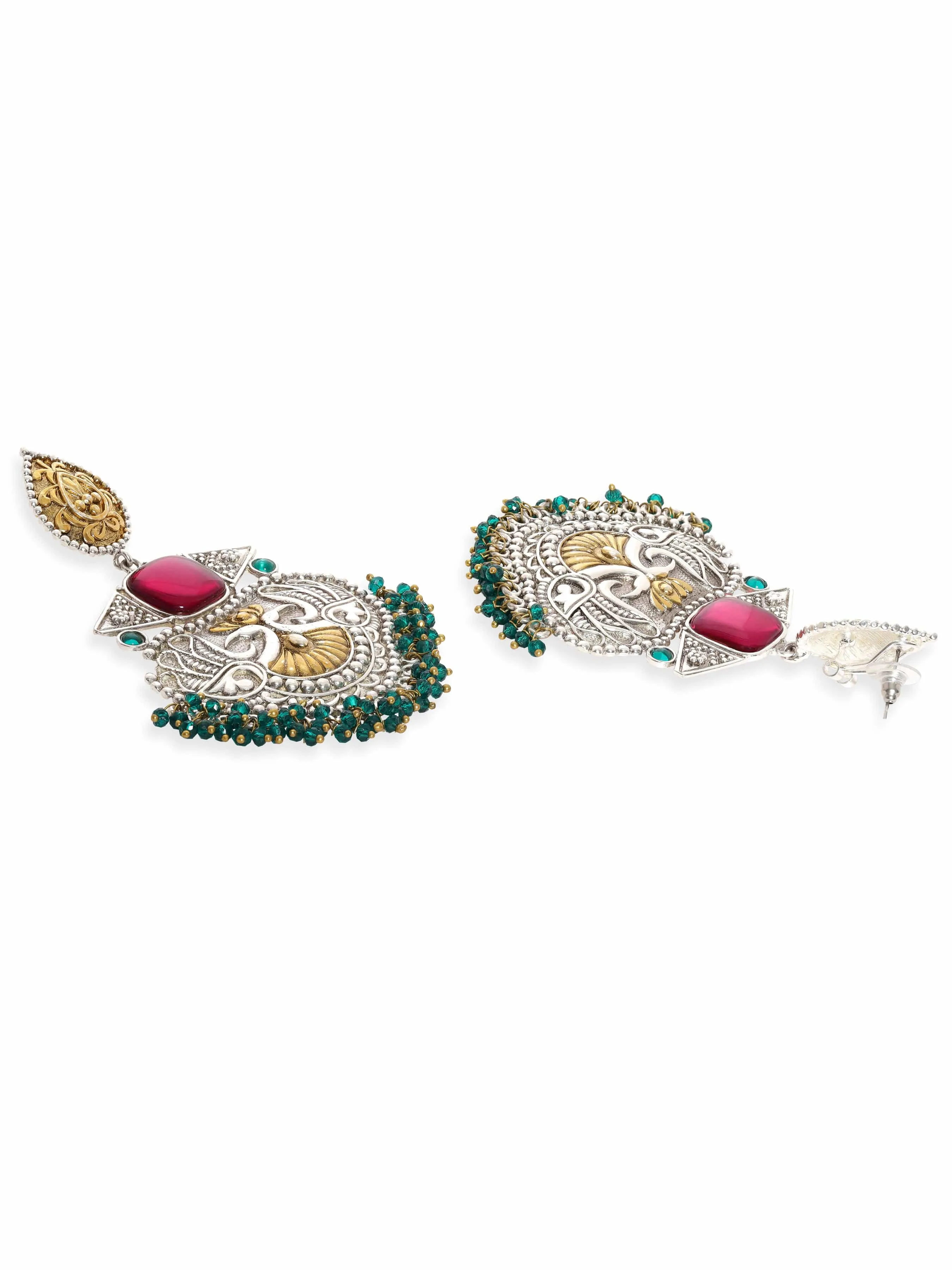 Rubans Silver Oxidized & Gold Plated Ruby Studded Green Beaded Chandbali Earrings