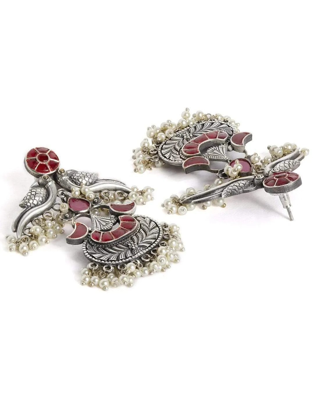 Rubans Silver Plated Handcrafted Oxidised Faux Ruby and Pearls Peacock Drop Earrings