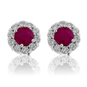 Ruby Center Diamond Halo Stud Post Earrings