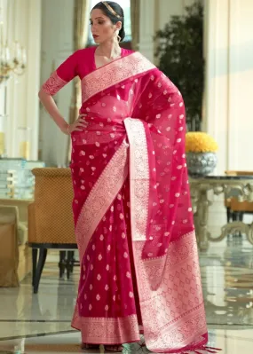 Ruby Pink Zari Woven Organza Silk Saree