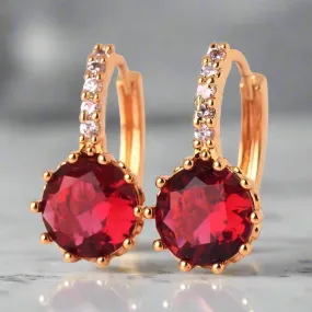 Ruby Red CZ Solitaire White Or Yellow Gold Hoop Earrings for Women