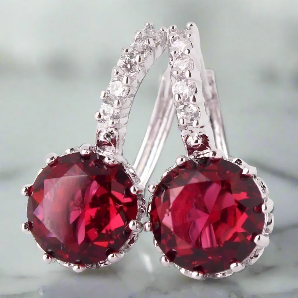 Ruby Red CZ Solitaire White Or Yellow Gold Hoop Earrings for Women