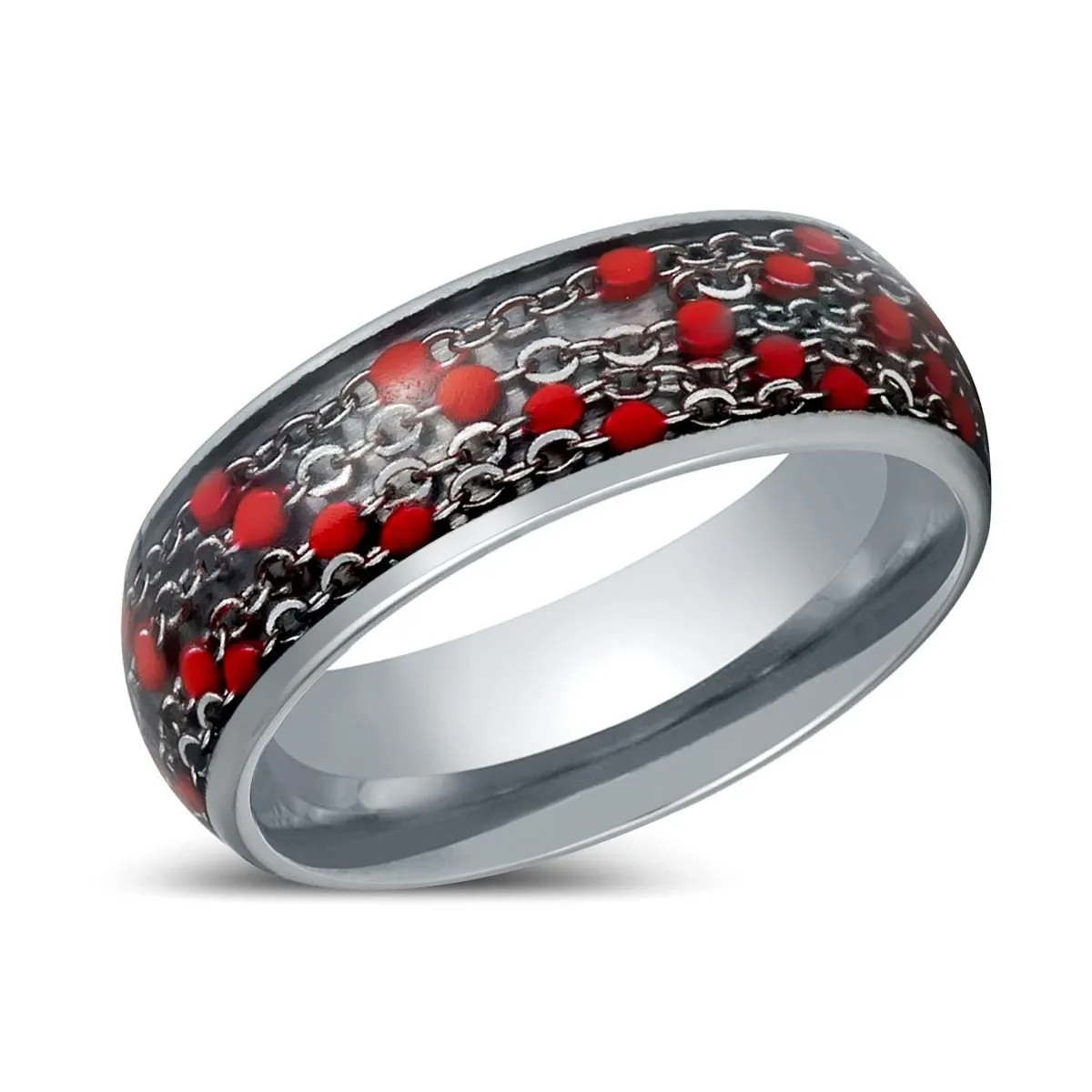 SCARLETLINK | Silver Tungsten Ring, Domed Ring with Red Beads Inlay