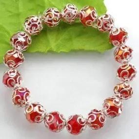 Silver Lace with Red Crystal Bead Stretchy Bracelet