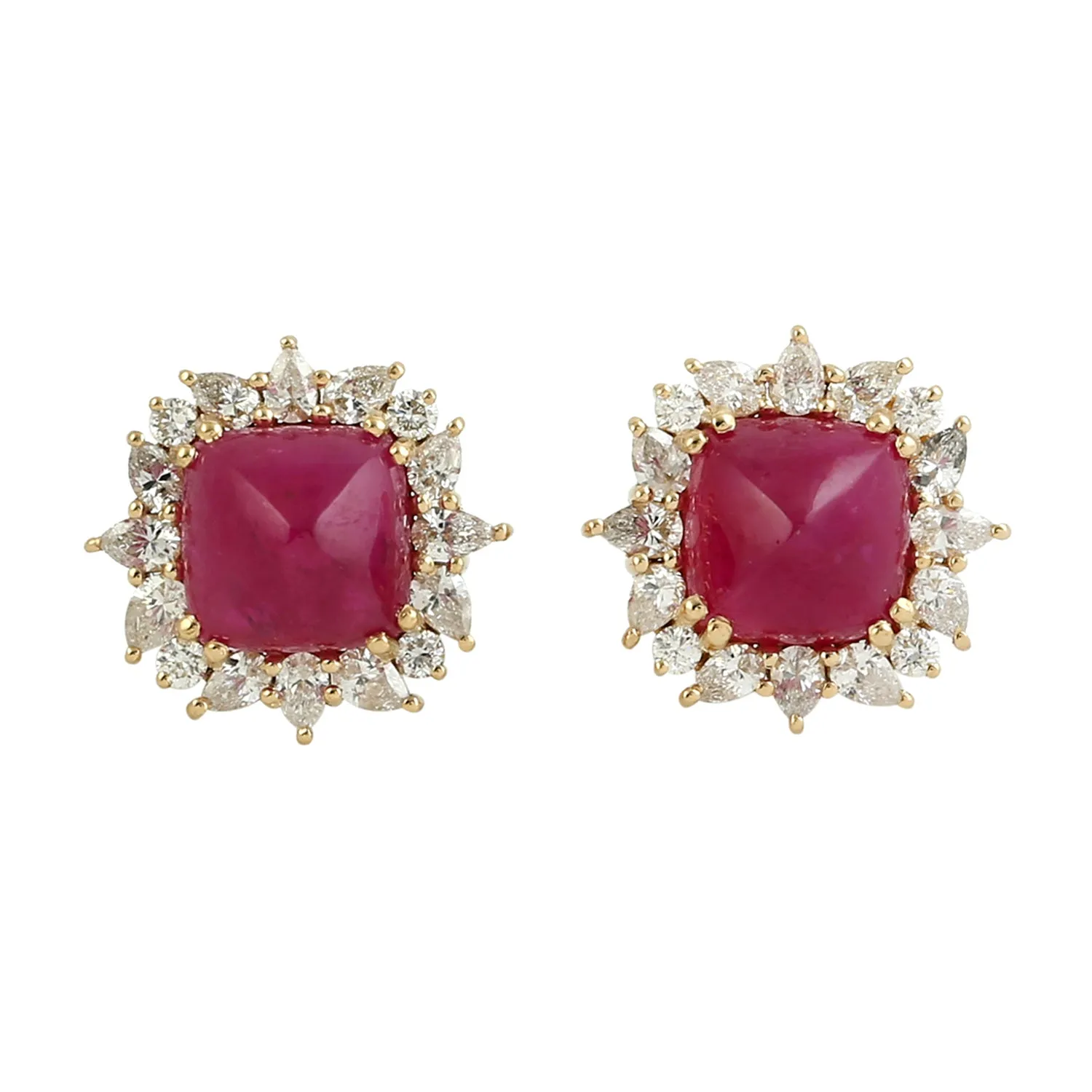 Square Pyramid Ruby Pear Round Diamond Beautiful Stud 18K Yellow Gold Jewelry