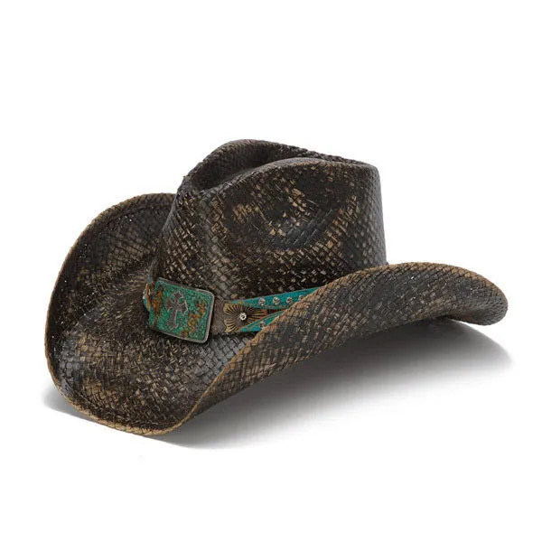 Stampede Hats - Distressed Black Cowboy Hat with Turquoise Band and Rhinestones