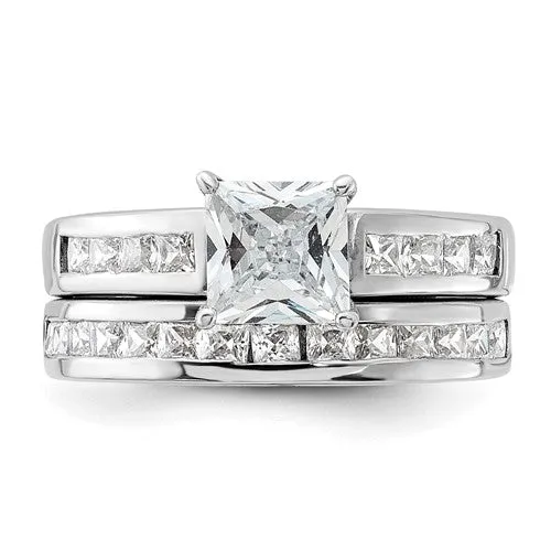 Sterling Silver 2-Piece CZ Princess Cut Channel Set Wedding Ring Set