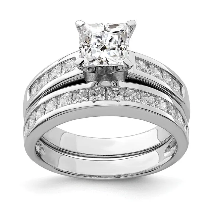 Sterling Silver 2-Piece CZ Princess Cut Channel Set Wedding Ring Set