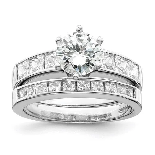 Sterling Silver 2-Piece CZ Round Center with Square Channel Wedding Ring Set