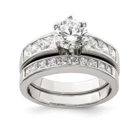 Sterling Silver 2-Piece CZ Round Center with Square Channel Wedding Ring Set