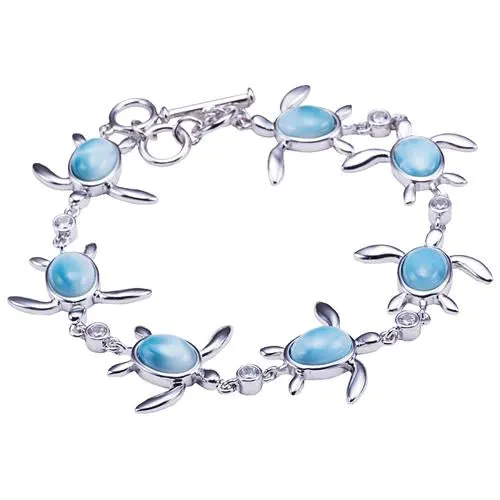 Sterling Silver Alamea Hawaii Larimar Honu Sea Turtle and CZ Bracelet