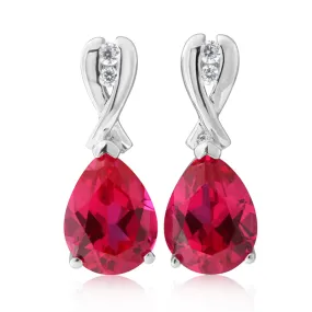 Sterling Silver Rhodium Plated Created Ruby and Cubic Zirconia Drop Earrings