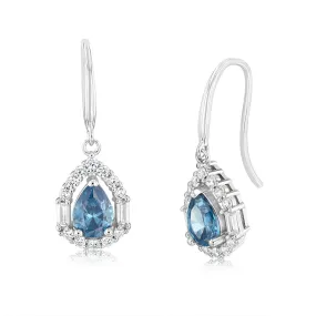 Sterling Silver Rhodium Plated White And Sapphire Cubic Zirconia Pear Shaped Drop Earrings