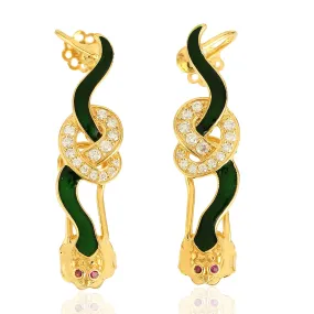 Studded Diamond Snake Charm Ear Climber Earrings 18k Yellow Gold Enamel Jewelry