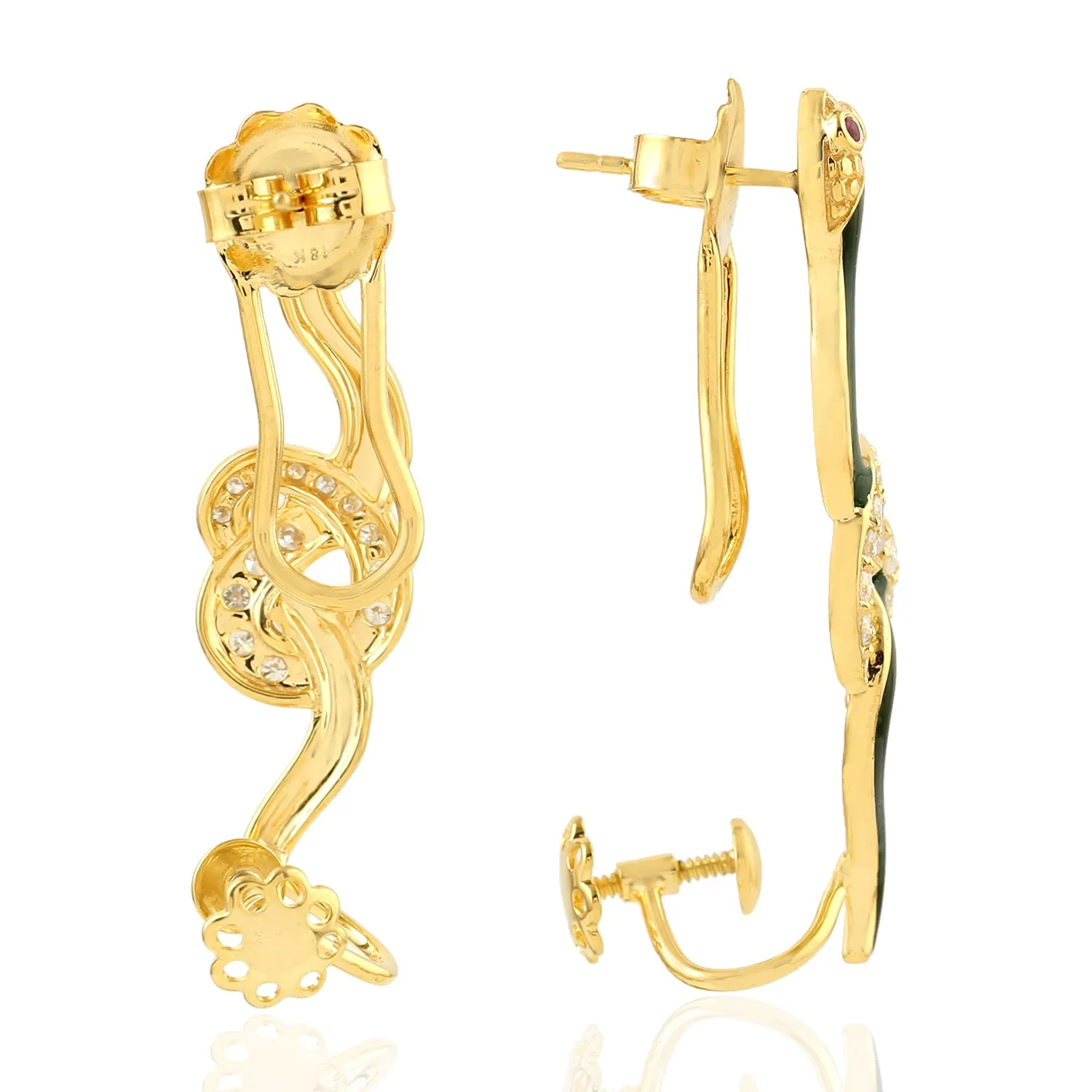 Studded Diamond Snake Charm Ear Climber Earrings 18k Yellow Gold Enamel Jewelry