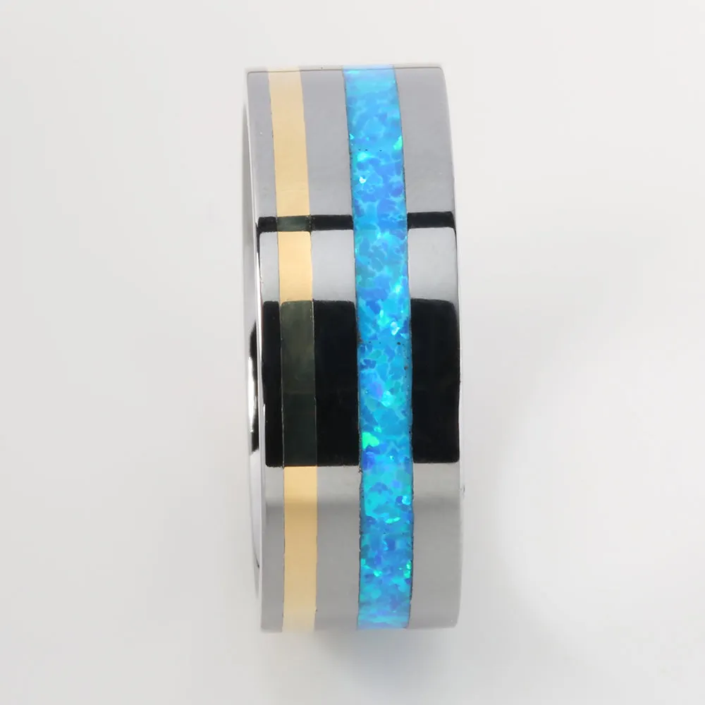 Tantalum with 14K Yellow Gold and Opal Inlaid Flat Wedding Ring 8mm