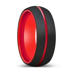 Tasos Black Domed Tungsten Ring Red Center Groove & Inside - 6mm & 8mm