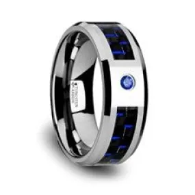 Tungsten Band with Blue Carbon Fiber & Blue Diamond