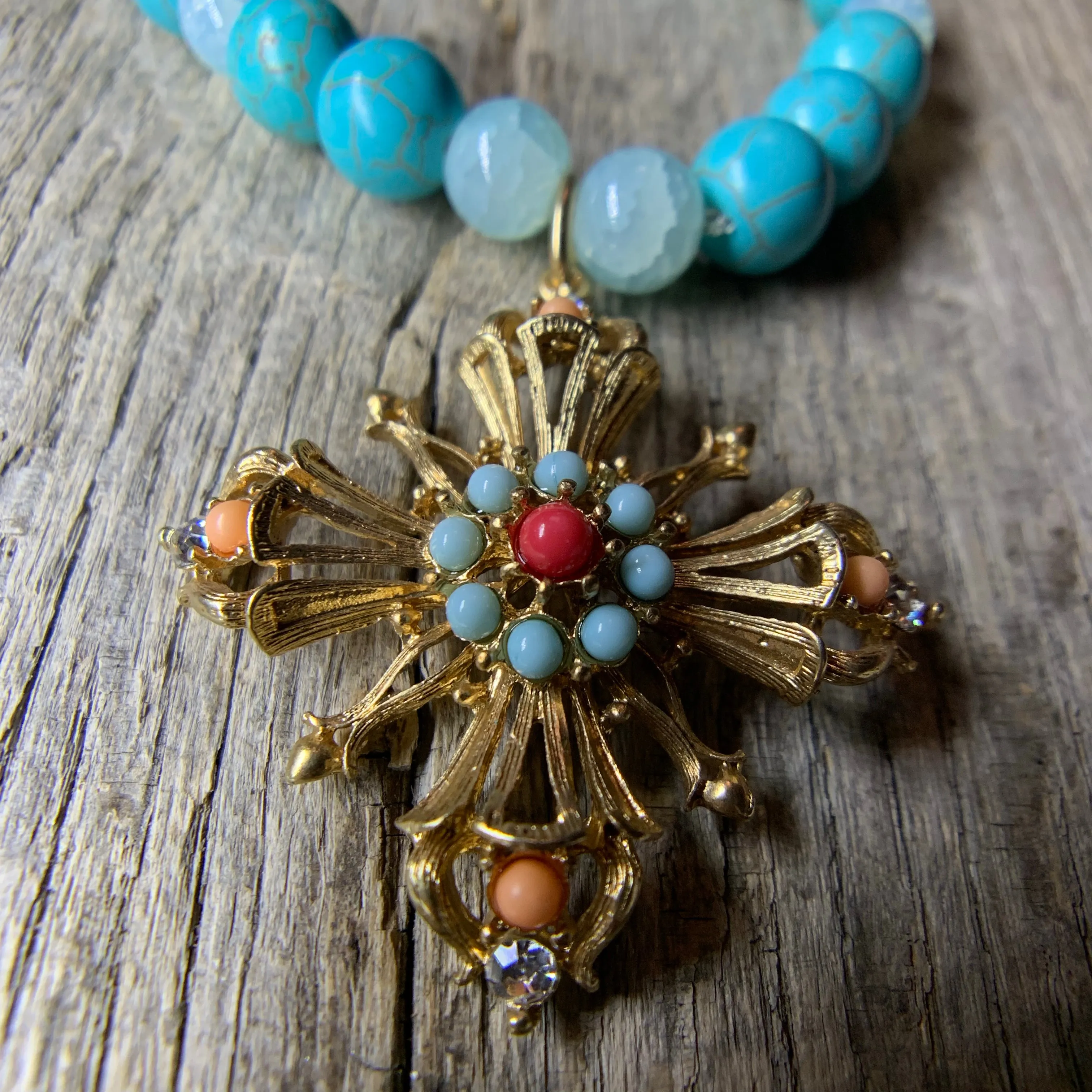 Turquoise & Glass Beaded Bracelet with Vintage Pendant Charm