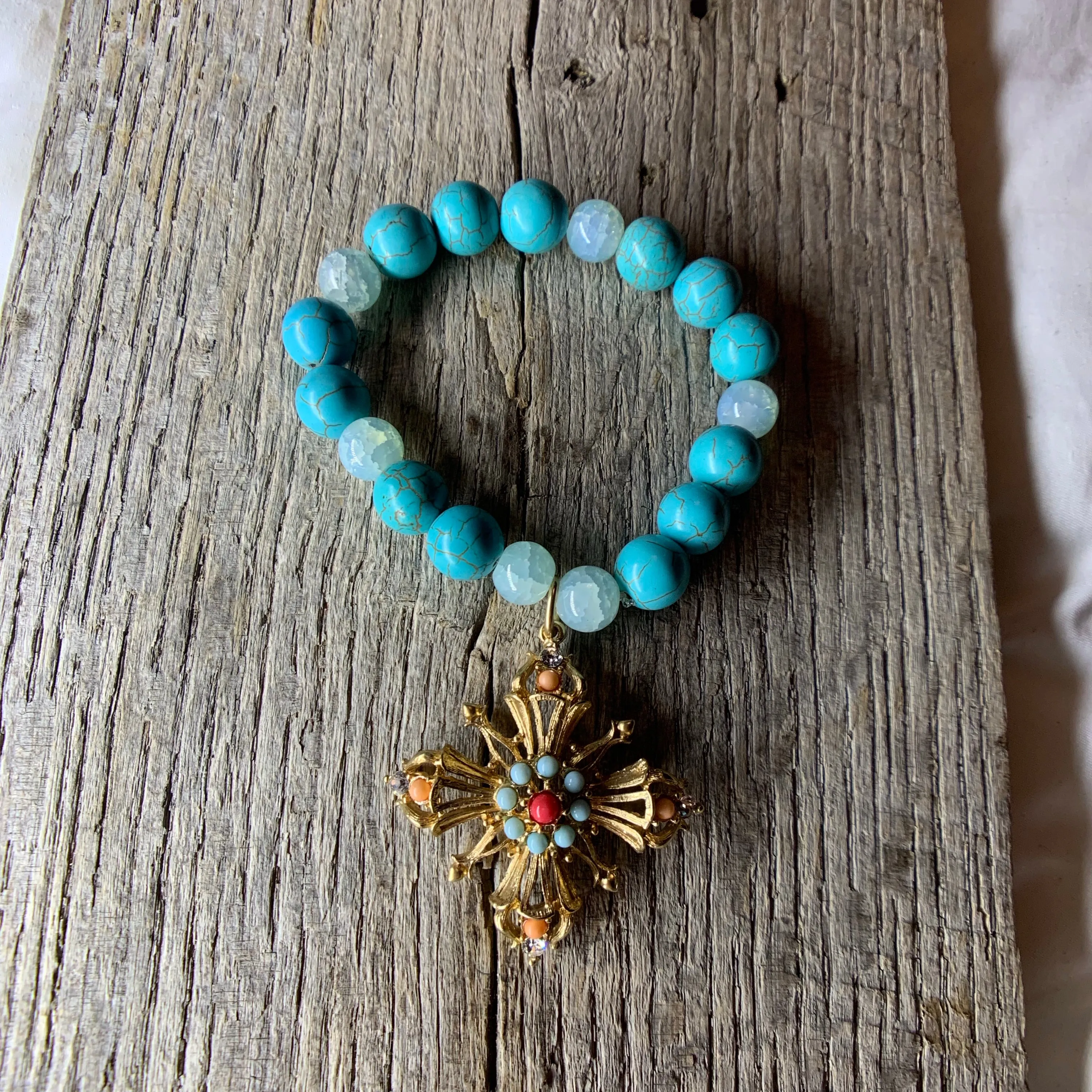 Turquoise & Glass Beaded Bracelet with Vintage Pendant Charm