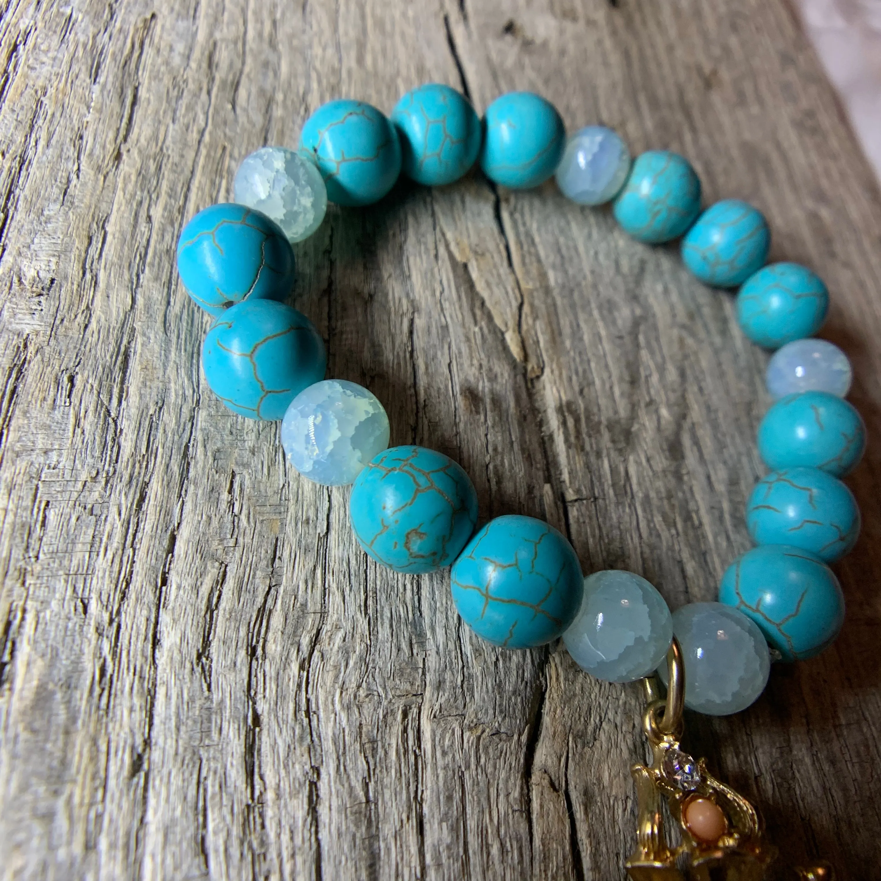 Turquoise & Glass Beaded Bracelet with Vintage Pendant Charm