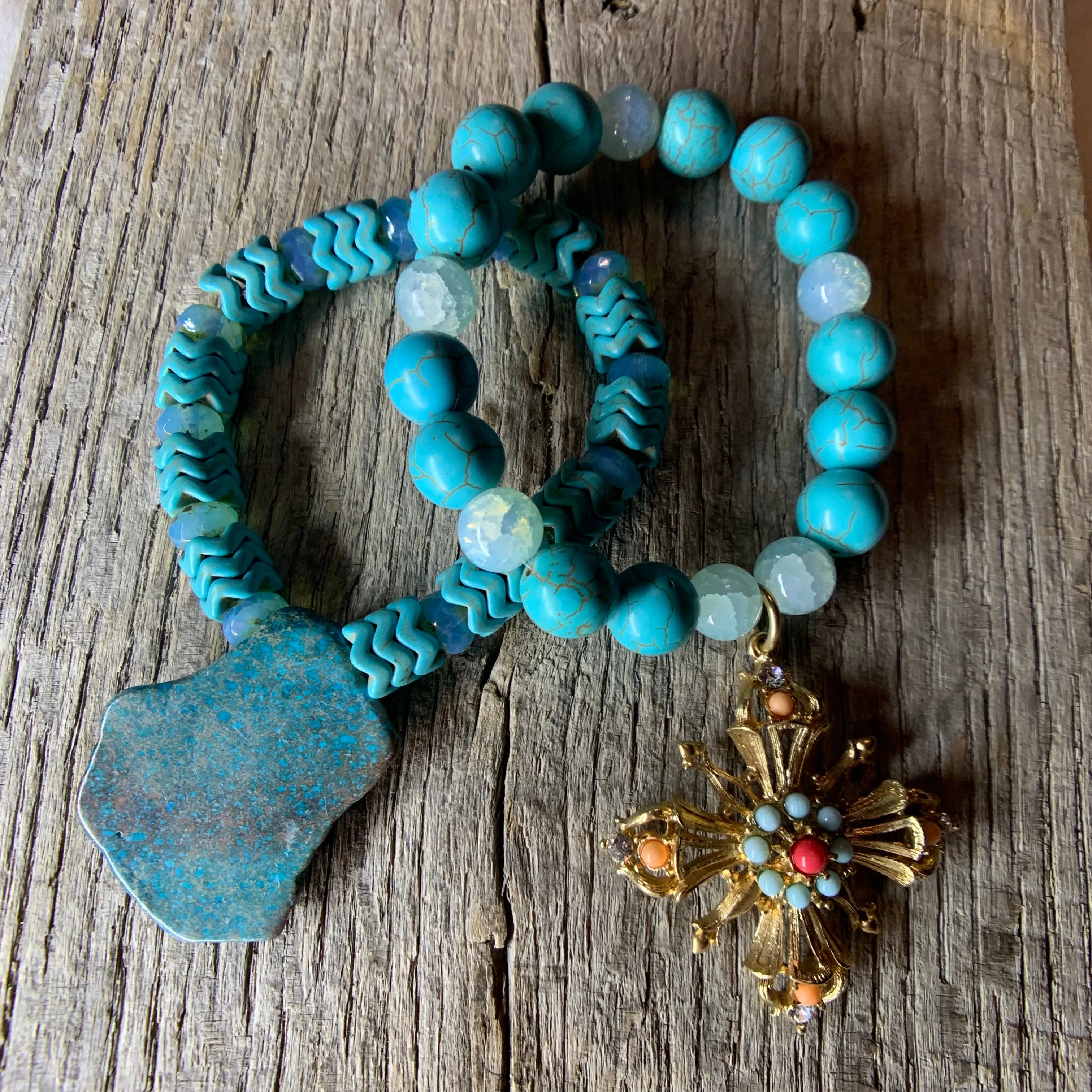 Turquoise & Glass Beaded Bracelet with Vintage Pendant Charm