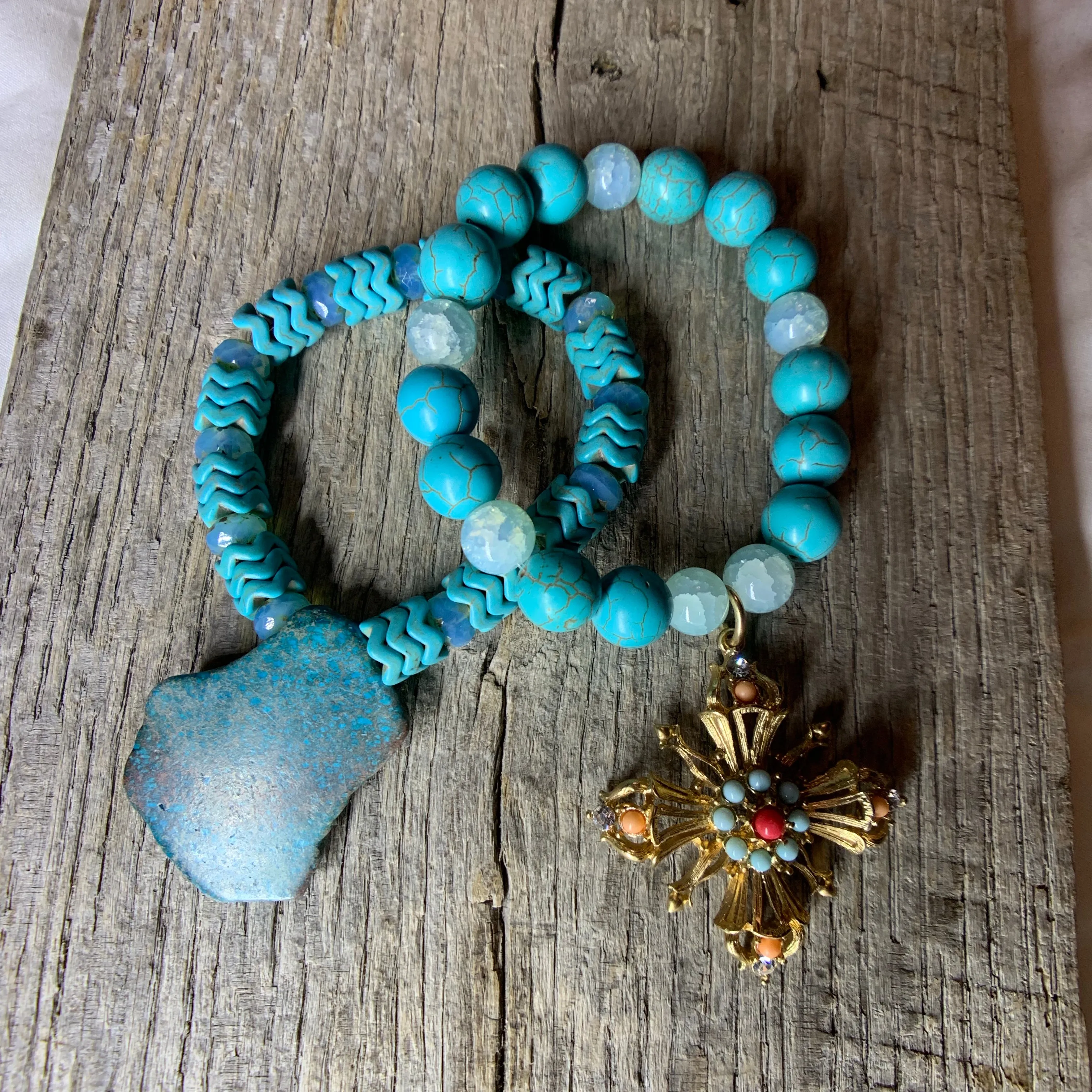 Turquoise & Glass Beaded Bracelet with Vintage Pendant Charm