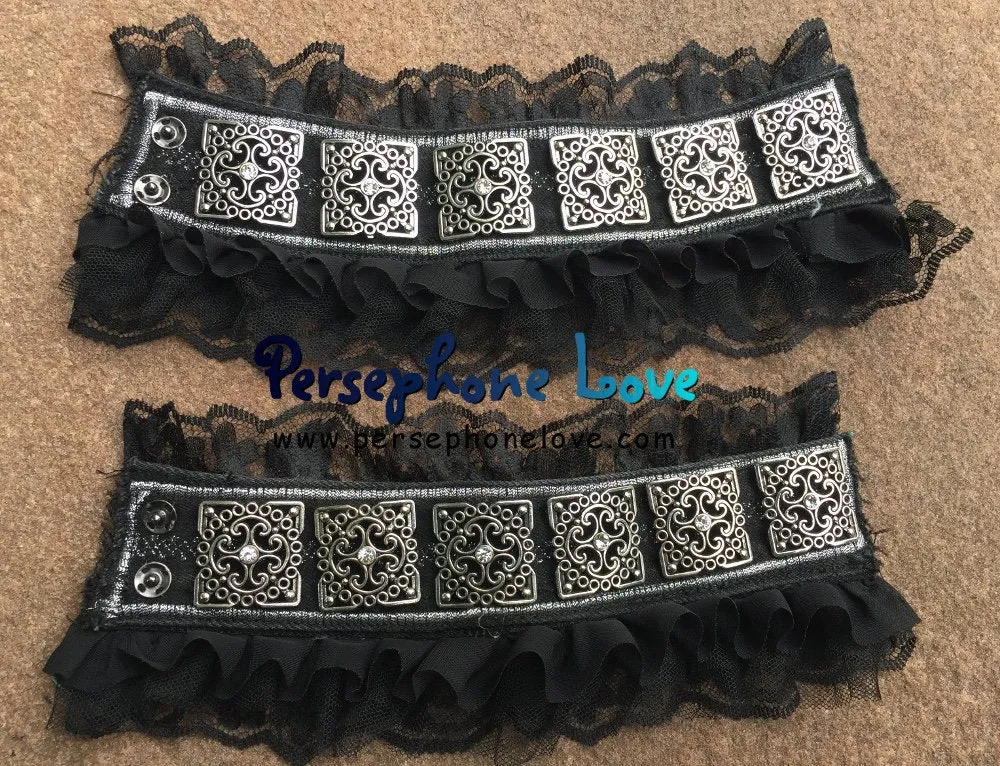 TWO Black silver embroidered upcycled gothic denim rhinestone bracelets (one pair)-1111