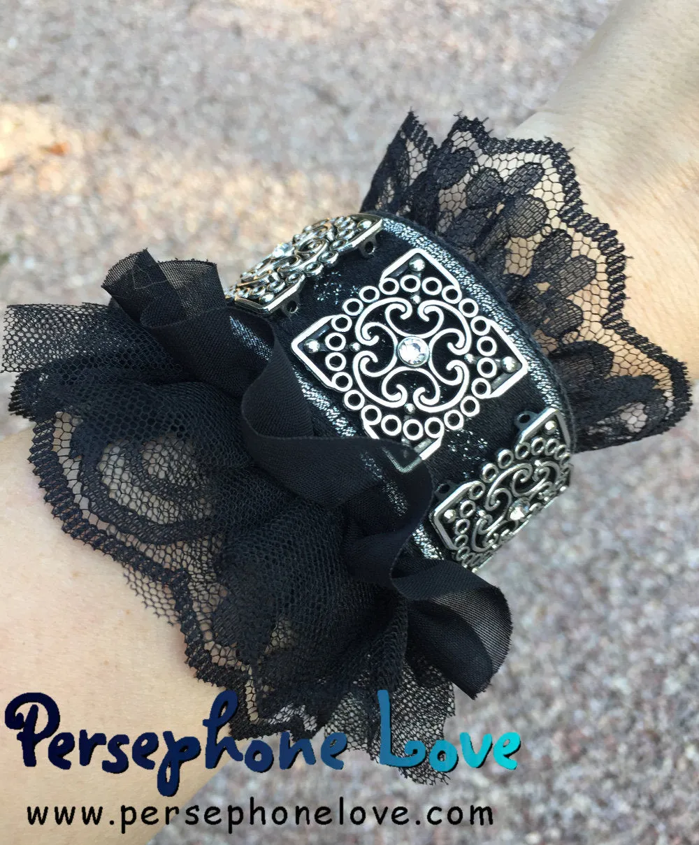 TWO Black silver embroidered upcycled gothic denim rhinestone bracelets (one pair)-1111