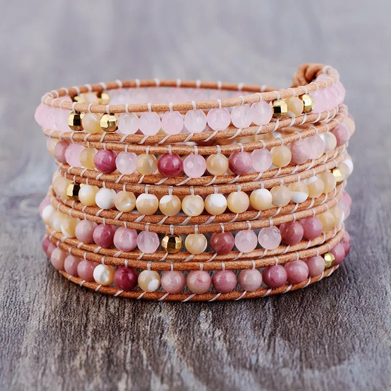 Unconditional Love - Rose Quartz, Mother of Pearl Mix Mix 5X Wrap Bracelet