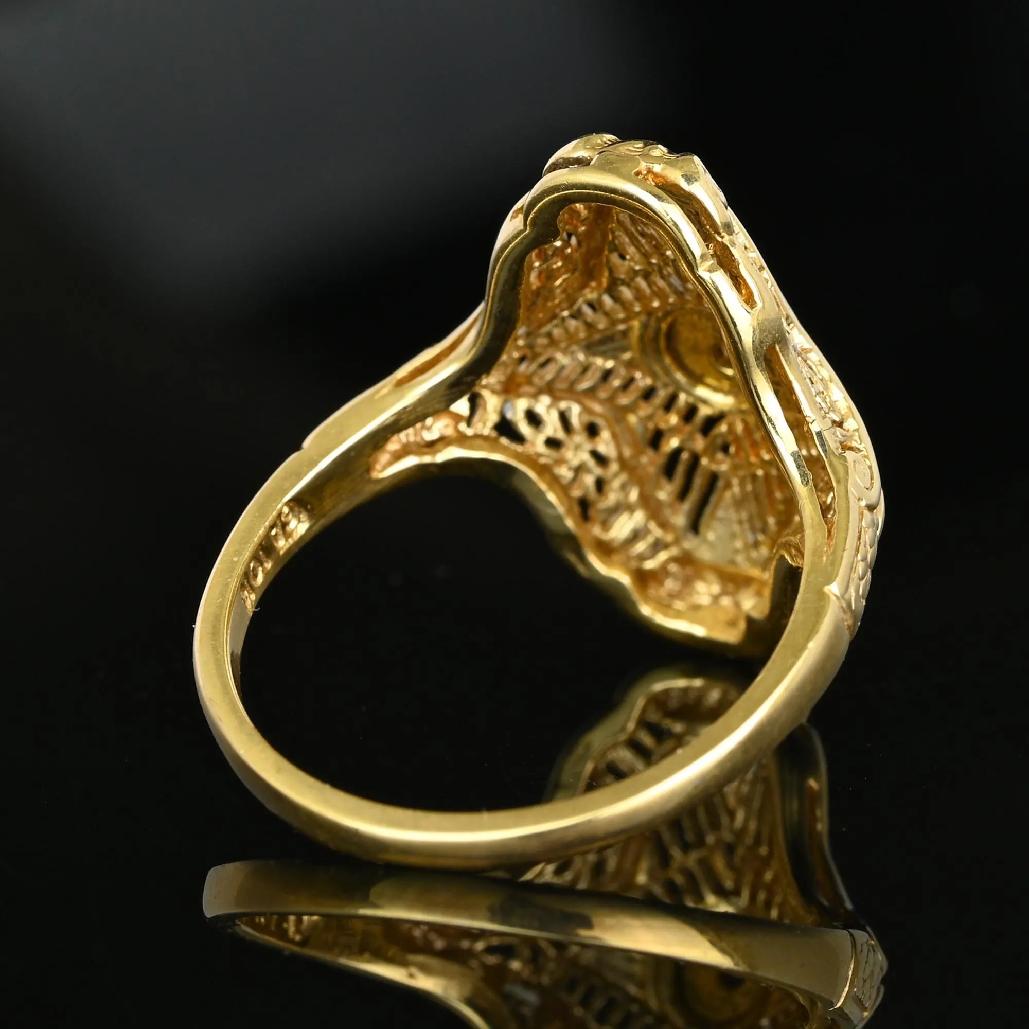 Vintage 10K Gold Floral Filigree Diamond Shield Ring