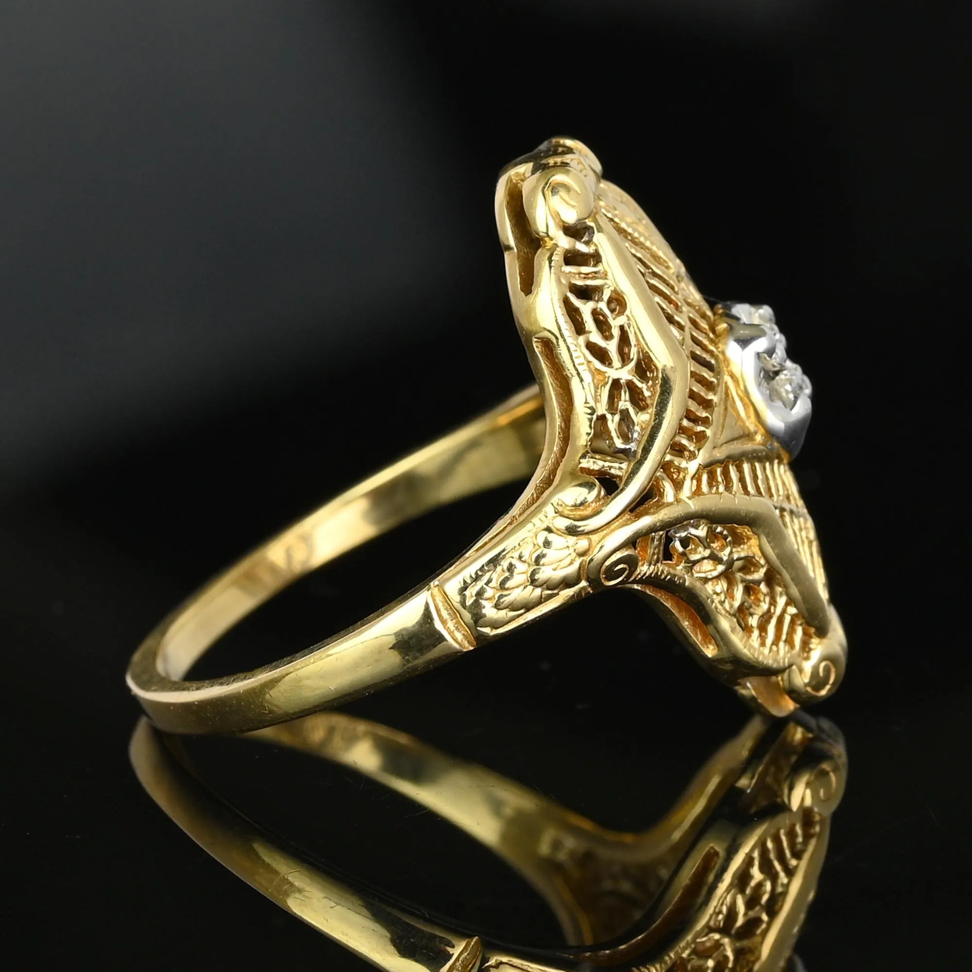 Vintage 10K Gold Floral Filigree Diamond Shield Ring