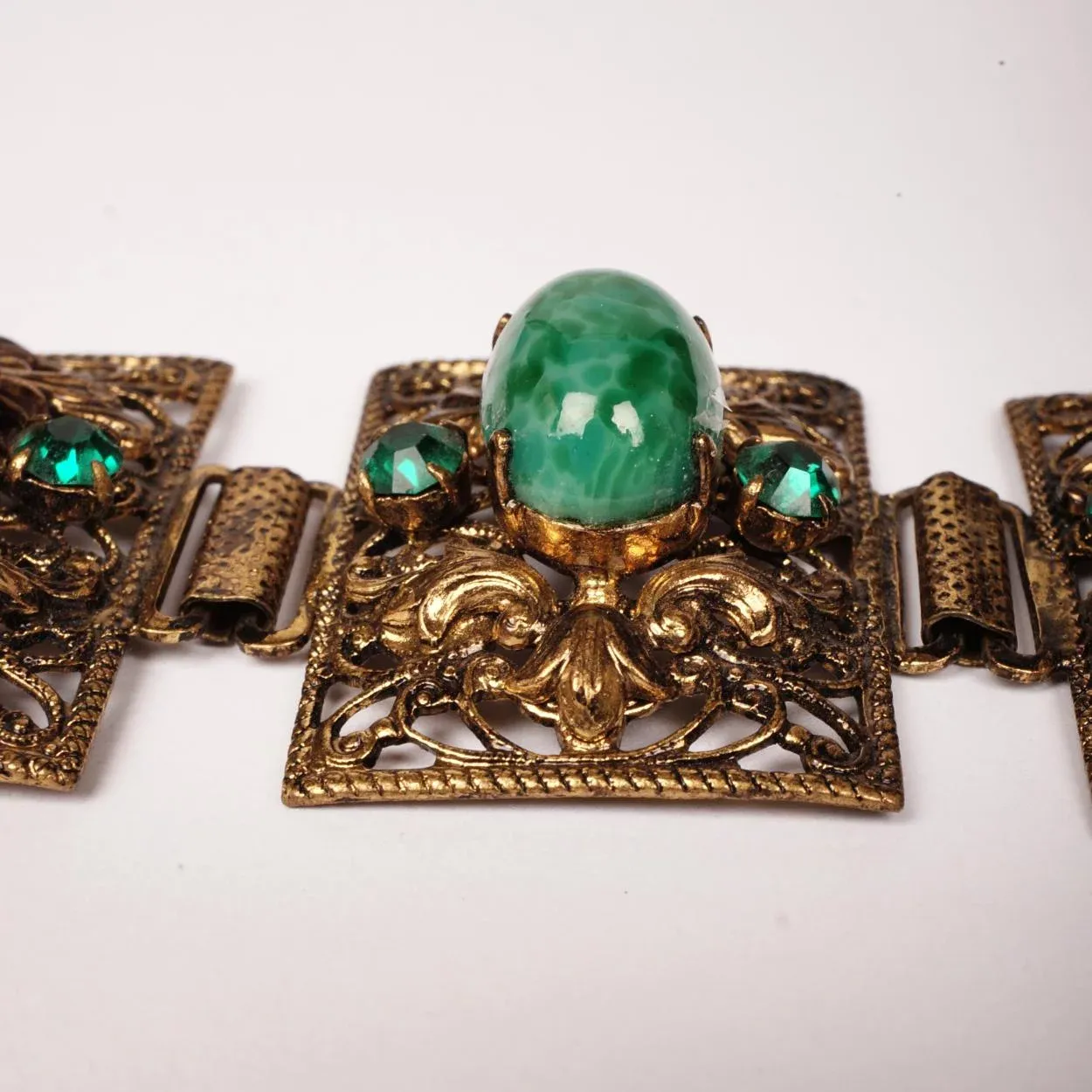 Vintage 1930s Czech Filigree Brass and Green Glass Bracelet Gablonz