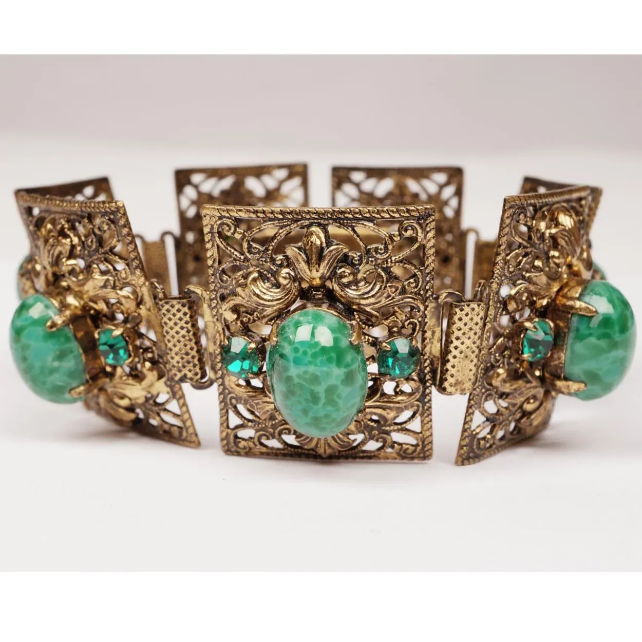 Vintage 1930s Czech Filigree Brass and Green Glass Bracelet Gablonz