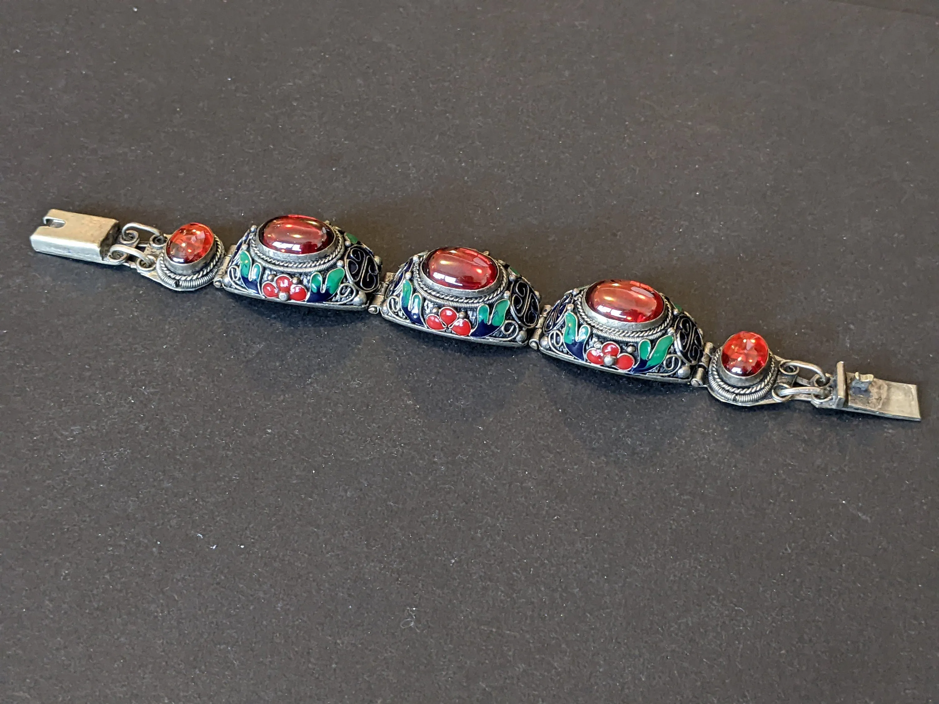 Vintage / antique huge ruby red cabochon, red, green & blue enamel filigree silver bracelet, Chinese export 'Peking style bracelet'