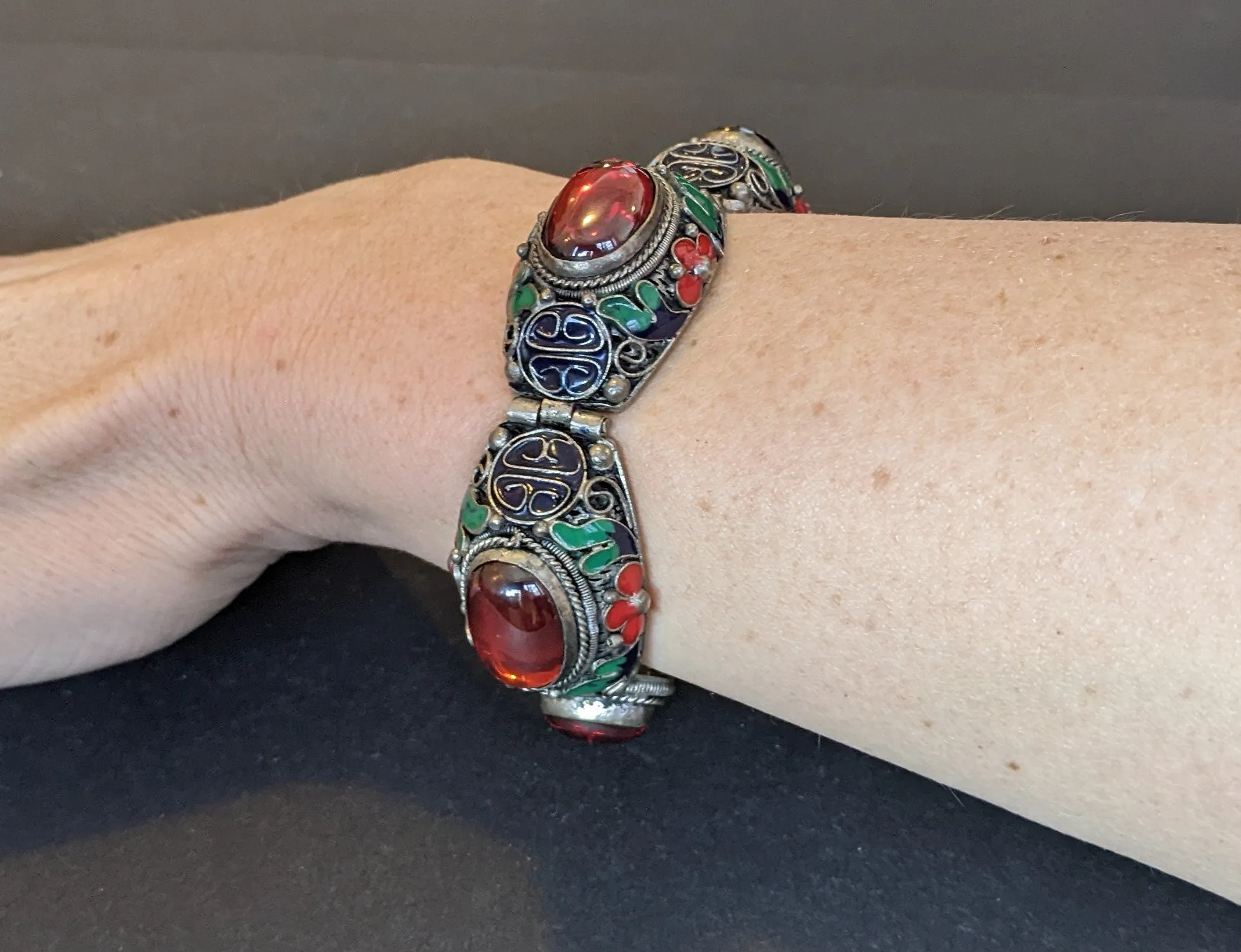 Vintage / antique huge ruby red cabochon, red, green & blue enamel filigree silver bracelet, Chinese export 'Peking style bracelet'