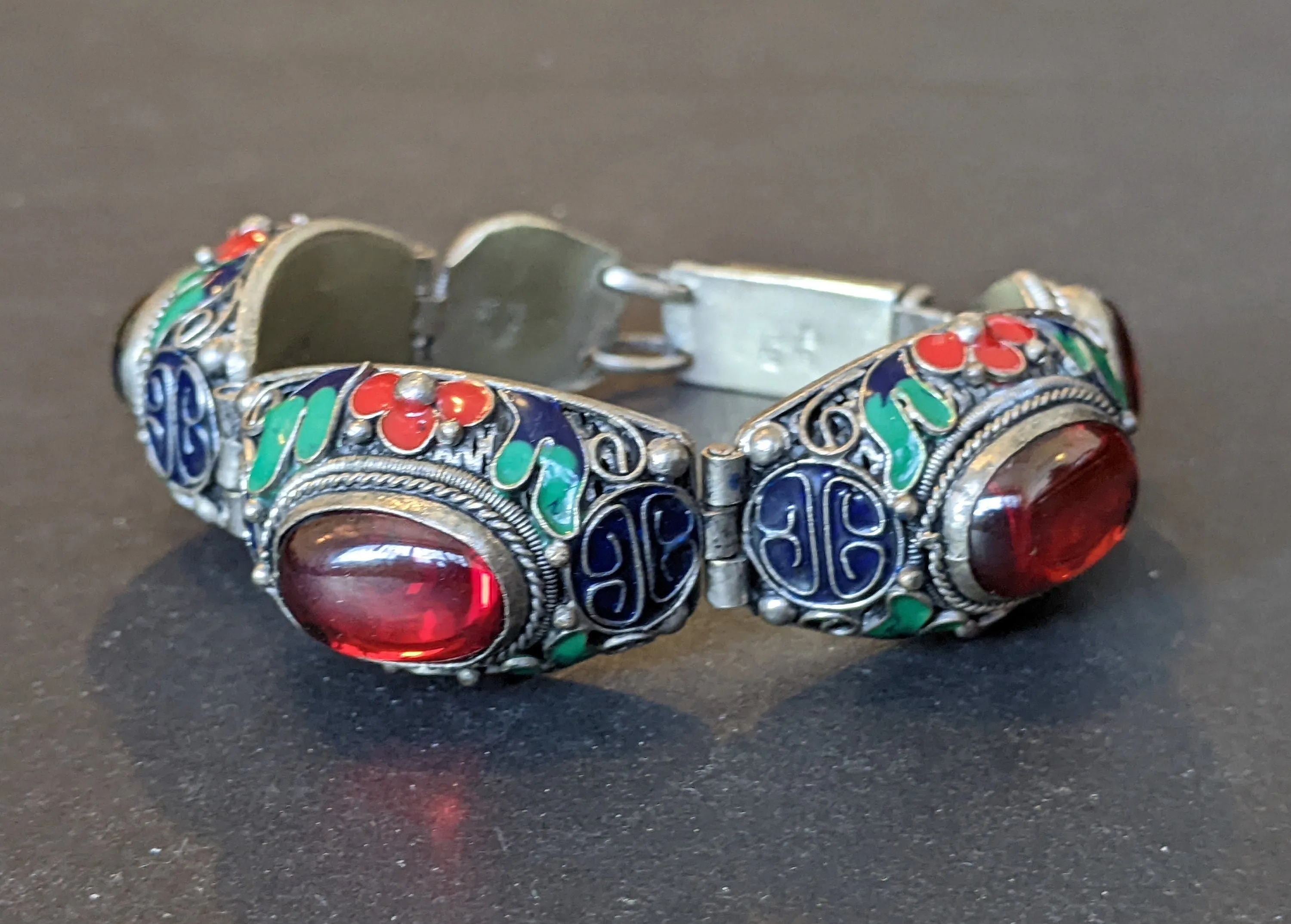 Vintage / antique huge ruby red cabochon, red, green & blue enamel filigree silver bracelet, Chinese export 'Peking style bracelet'