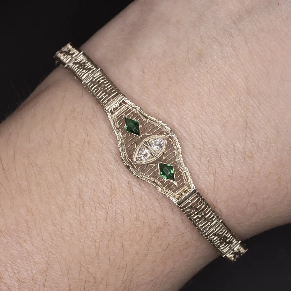 VINTAGE DIAMOND EMERALD 14k WHITE GOLD BRACELET ART DECO OLD EURO CUT FILIGREE