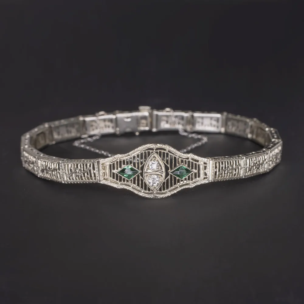 VINTAGE DIAMOND EMERALD 14k WHITE GOLD BRACELET ART DECO OLD EURO CUT FILIGREE