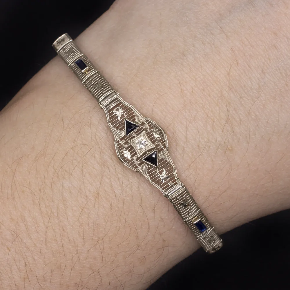 VINTAGE DIAMOND SAPPHIRE 14k WHITE GOLD BRACELET FILIGREE ART DECO BLUE ESTATE