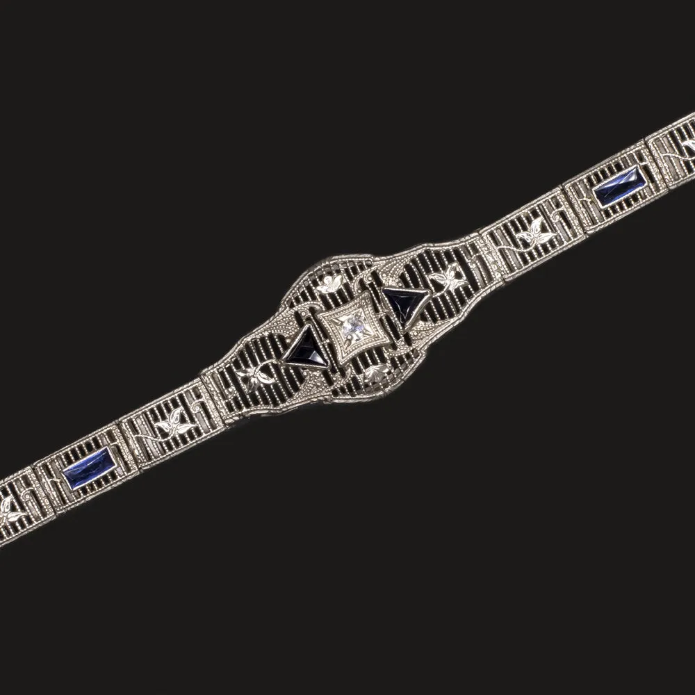 VINTAGE DIAMOND SAPPHIRE 14k WHITE GOLD BRACELET FILIGREE ART DECO BLUE ESTATE