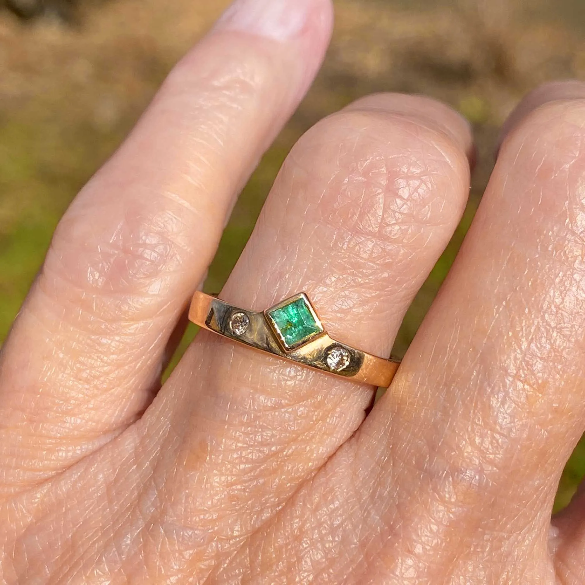 Vintage Diamond Step Cut Emerald Ring Band in Gold