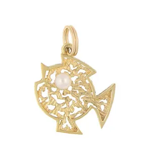 Vintage Filigree Fish Charm Set With Pearl in 14 Karat Yellow Gold