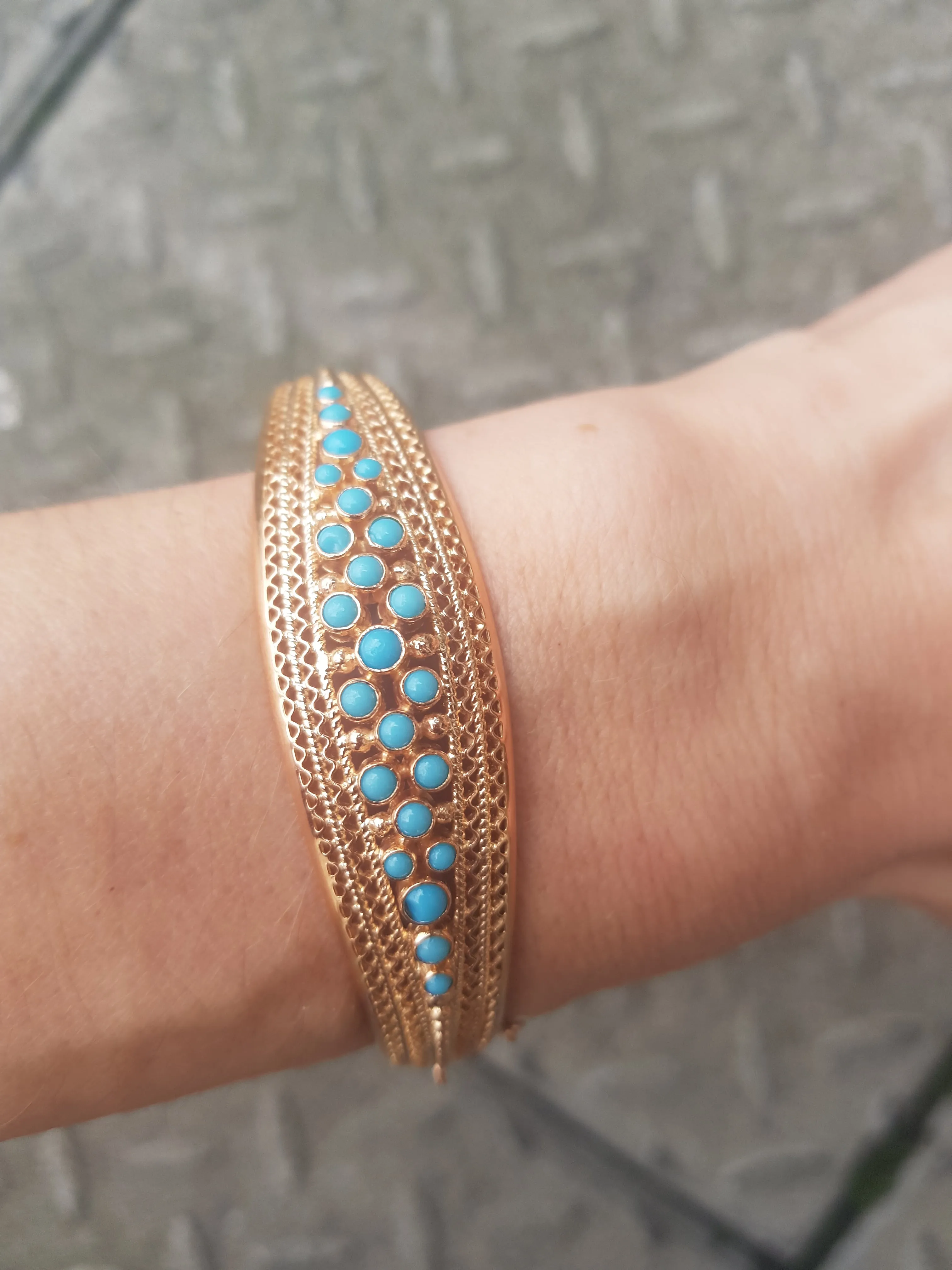 Vintage Retro Portugese Filigree 19k Rose Gold & Turquoise Bracelet