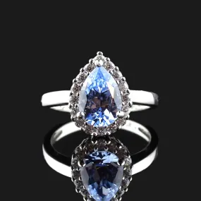 Vintage Sterling Silver Pear Cut Blue Topaz Halo Ring